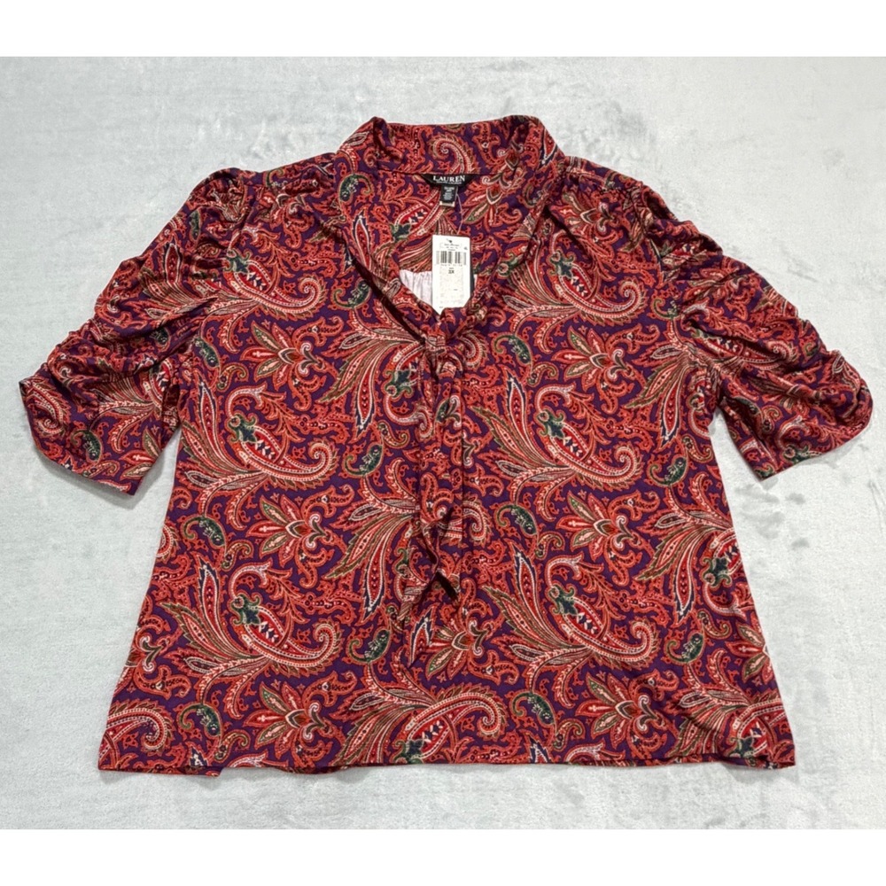 NEW lauren Ralph Lauren Women Paisley Puff Sleeve Tie Neck Top 3X Orange Paisley